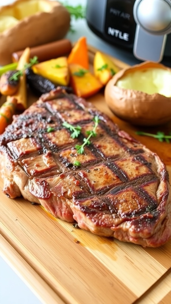 Air Fryer Kansas City Strip Steak Recipe Perfectly cooked Kansas City strip steak on a cutting board with roasted vegetables and a baked potato.
